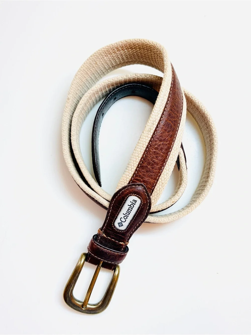 Columbia Canvas Belt Mens 38 Beige Brown Leather Trim Brass Buckle Preppy